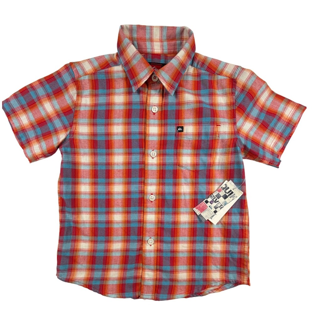 Quiksilver Toddler 4T Flash Surf SS Plaid Button Down Shirt Red Orange Blue NEW